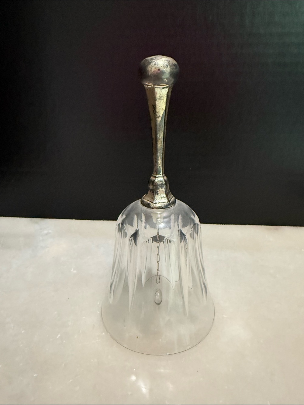 Crystal Dinner Bell, Silver Plated Handle 1983 Leonard Silver Glass Clapper